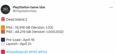 《死亡岛2》PS5版48GB  4月19日预载开启(《死亡岛2》反向跳票一周 4月21日发售)