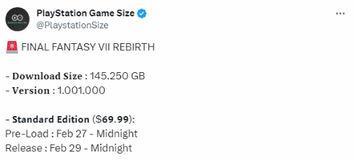 《最终幻想7重生》所需容量145GB  预载2月27日开启(最终幻想7重生预购)